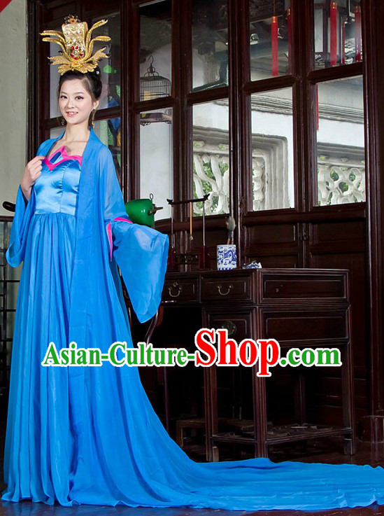 Ancient Chinese Blue Long Tail Hanfu Clothing for Women