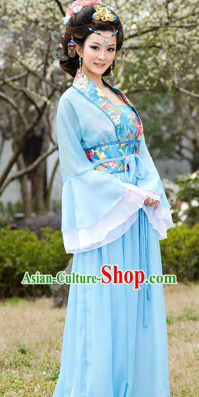 Traditional Chinese Blue Wide Sleeve Clothing for Women