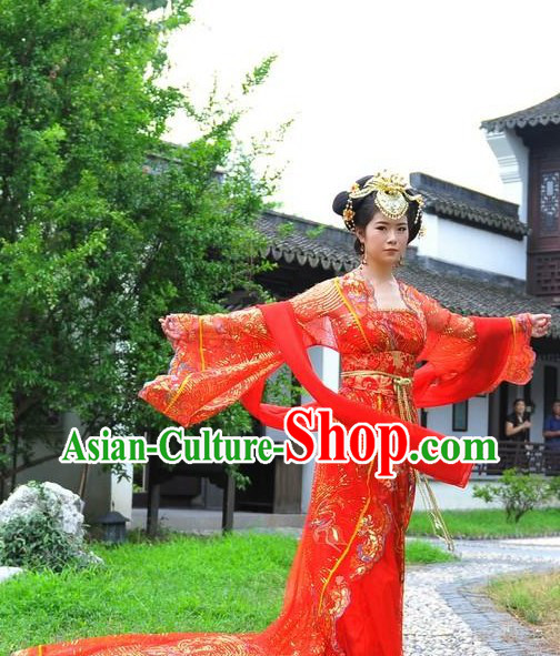 Ancient Chinese Red Wedding Dress with Long Tail