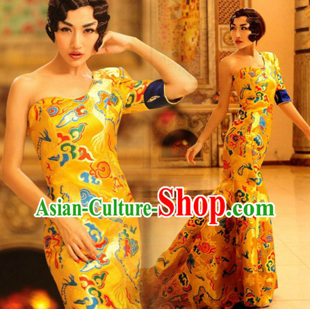 Chinese Classical Golden Dragon Wedding Dress for Women
