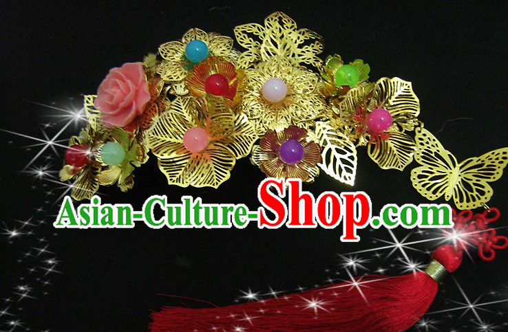 Traditional Chinese Xiu He Mandarin Wedding Golden Flower Hair Accessories with Red Tassels