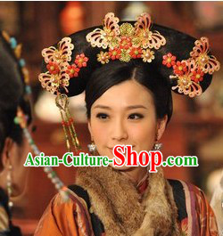 Traditional Chinese Qing Dynasty Princess Manchu Wig and Butterfly Hair Accessories