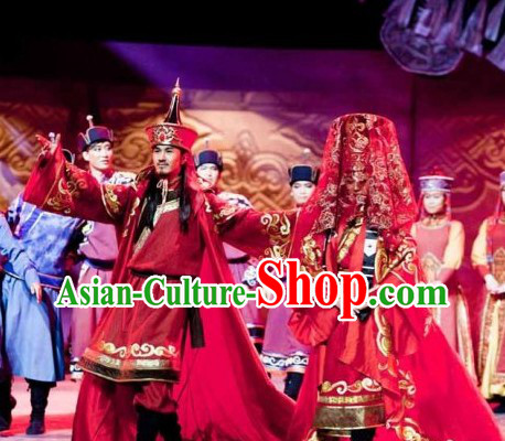 Ancient Chinese Mongolian Wedding Clothing and Hats for Men and Women