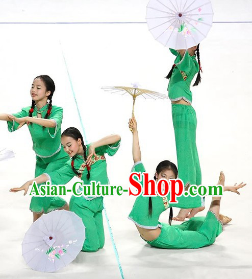 Chinese Classical Green Umbrella Dance Costumes for Children