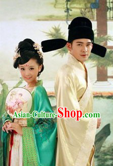 Ancient Chinese Tang Dynasty Wedding Couple Costumes and Hat