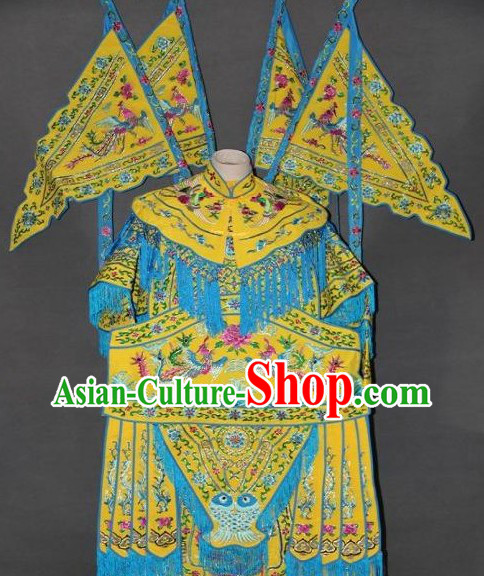 Ancient Women Heroine Embroidered Phoenix Armor Costumes with Flags