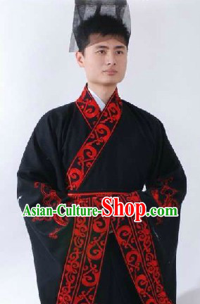 Ancient Chinese Han Dynasty Quju Embroidered Dragon Clothes and Hat for Men