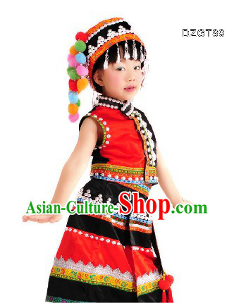 Traditional Chinese Dai Dance Costumes and Bamboo Hat Complete Set for Children