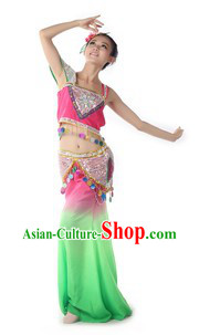 Traditional Chinese Dai Minority Dance Costume and Headpiece for Women