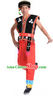 Traditional Chinese Wa Minority Dance Costume and Headpiece for Men
