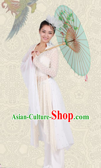 White Classical Chinese Dance Costumes and Headwear for Women
