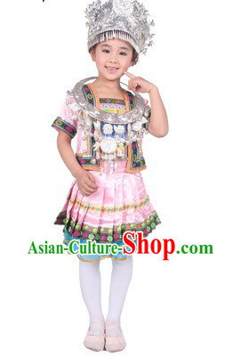 Pink Chinese Miao Ethnic Group Clothes and Hat for Kids