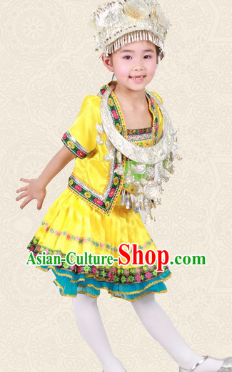 Yellow Chinese Miao Ethnic Group Clothes and Hat for Children