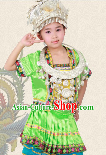 Green Chinese Miao Ethnic Group Clothing and Hat for Children