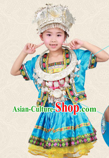 Blue Chinese Miao Ethnic Group Clothing and Hat for Children