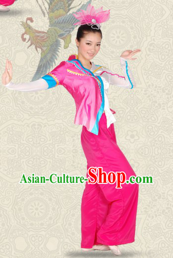 Folk Chinese Fan Dance Costumes and Headwear Complete Set for Women