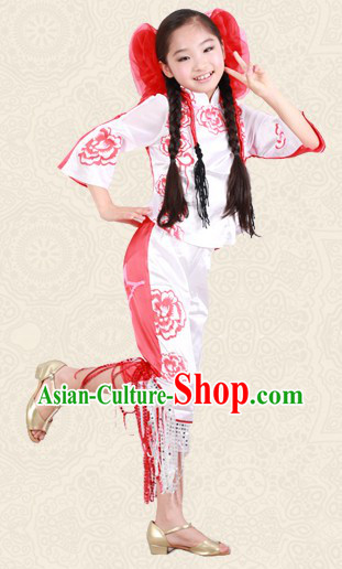 Red and White Chinese Papercut Dance Costume and Headwear for Kids