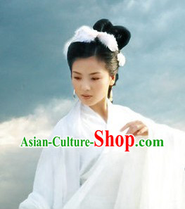 Ancient Chinese Wife White Costumes and Headwear for Women