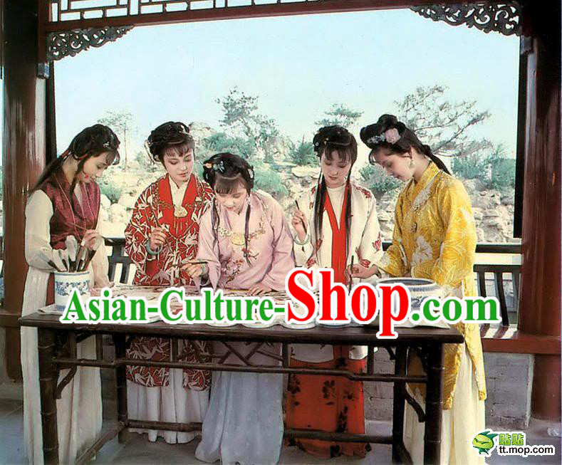 Ancient Chinese Dream of Red Chamber Costumes and Hair Accessories for Five People
