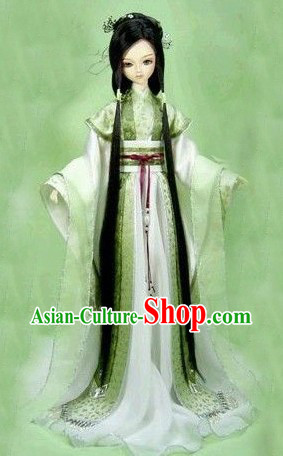 Ancient Chinese Green Cosplay Costumes and Hair Accessories Complete Set