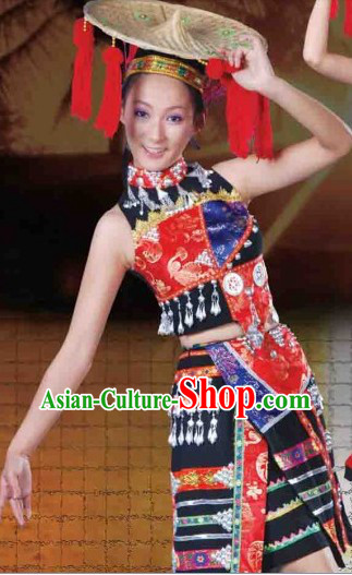 Traditional Chinese Dai Dresses and Hat Complete Set for Women