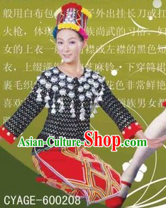 Traditional Chinese Jingpo Minority Dresses and Hat Complete Set for Women