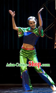 Chinese Classical Fan Dance Costume and Hair Accessories Complete Set for Women