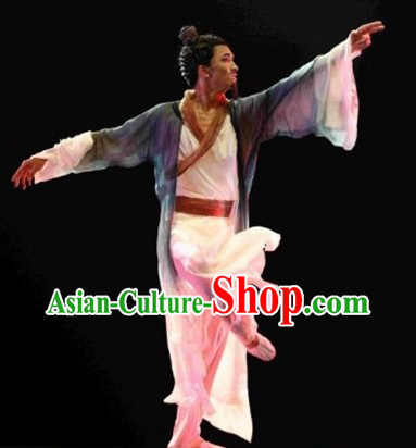 Chinese Classical Dance Costume and Hair Accessories Complete Set for Men
