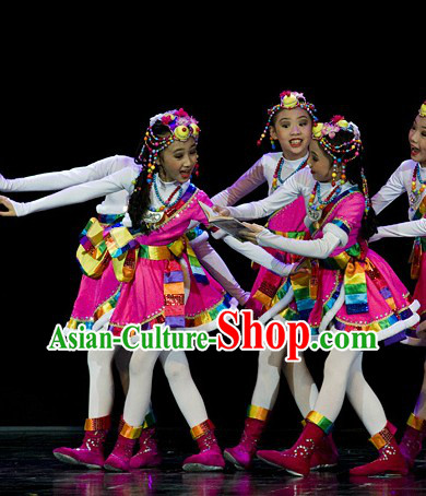 Stage Performance Tibetan Dance Costumes and Headwear Complete Set for Kids