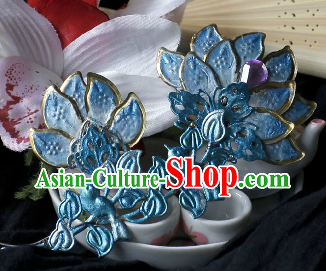 Ancient Chinese Handmade Forehead Blue Flower Hair Accessory