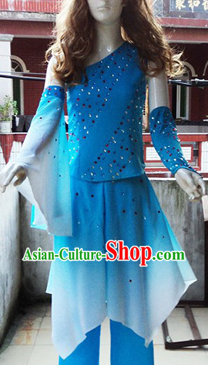 Traditional Chinese Blue Fan Dance Costumes for Women