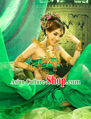 Ancient Chinese Green Yang Yuhuan Costumes and Headdress Complete Set