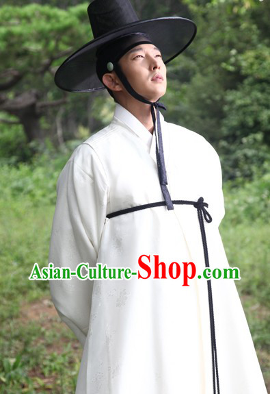 Pure White Ancient Korean Drama Plays Hanbok Costume Complete Set for Men