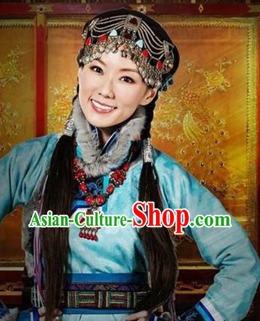 Light Blue Mongolian Princess Clothing and Headwear Complete Set