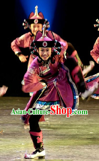 Stage Performance Mongolian Dance Costumes and Hat Complete Set for Women