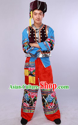 China Miao Ethnic Dancing Costumes and Hat Complete Set for Men