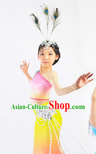 China Tai Ethnic Group Dance Costumes and Headwear Complete Set for Children