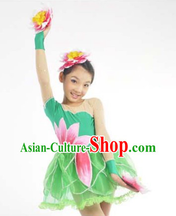Chinese Lotus Dance Costumes and Headwear Complete Set for Kids