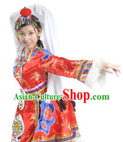 Chinese Tibetan Dance Costumes and Headdress Complete Set for Women