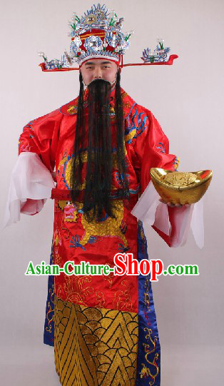 Chinese Lunar New Year Cai Shen Ye Costume Hat Beards Boots