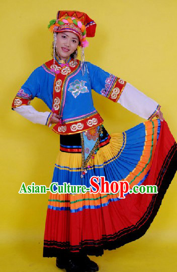 Traditional Chinese Yi Ethnic Dance Costume and Hat Complete Set for Women