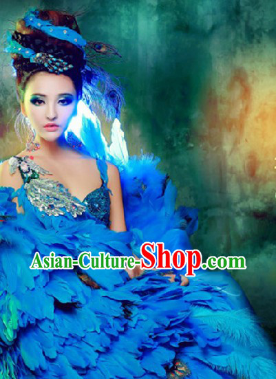 Blue Peacock Feather Dance Costumes and Headwear Complete Set