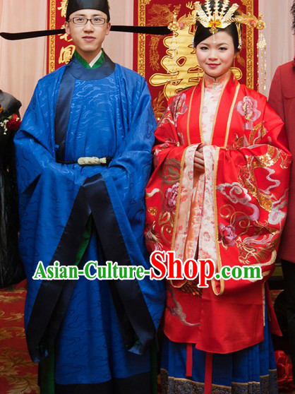 Chinese Traditional Wedding Hanfu Clothes and Headwear Complete Sets for Men and Women