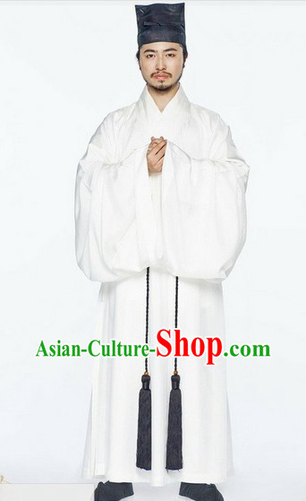 Ancient China Song Dynasty Male White Chinese Hanfu Clothing Complete Set for Men