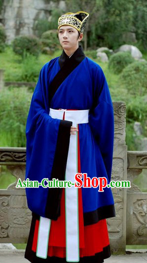 Blue Traditional Ancient Chinese Hanfu Clothing and Hat for Men