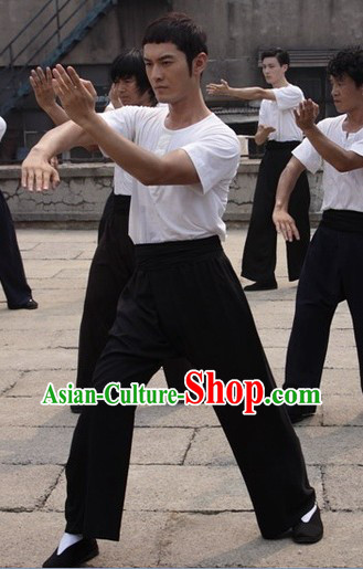 Yip Man Ye Wen White Kung Fu Tshirt Black Pants and Black Shoes Complete Set