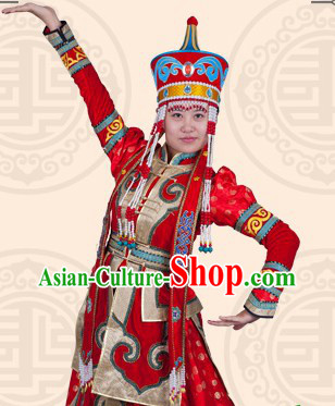 Traditional Chinese Mongolian Ordos Dresses and Hat Complete Set for Women