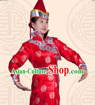 Traditional Chinese Mongolian Stage Performance Dance Costumes and Hat Complete Set for Women