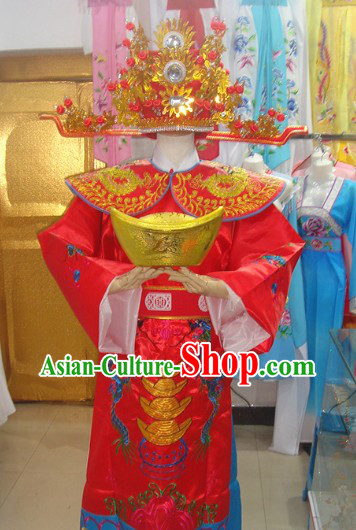 Traditional Chinese Red and Golden Cai Shen Outfit and Hat Complete Set