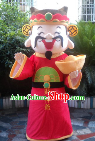 Traditional Chinese Red Cai Shen Ye Outfit and Hat Complete Set